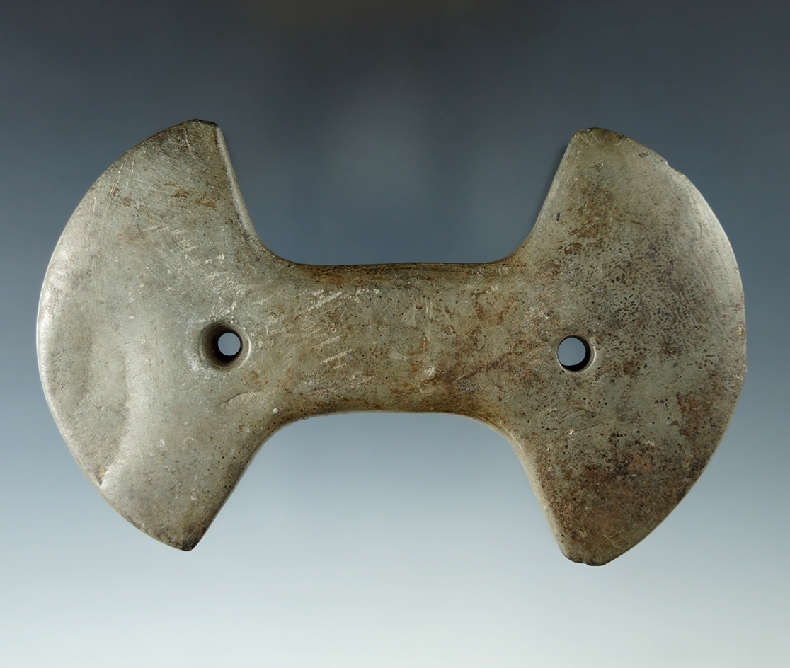 4 7/16" Glacial Kame Constricted Center Gorget made from green and brown Slate, Cuyahoga Co., OH.