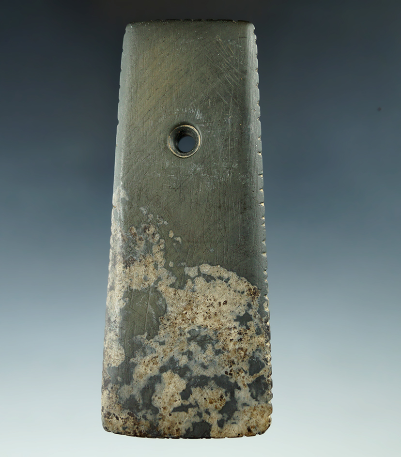 4 1/8" Adena Trapezoidal Pendant that is heavily tallied on all sides - Portage Co., Ohio. Engraved.