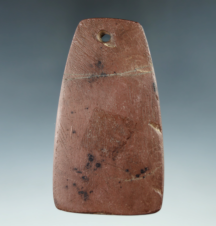 3 7/16" Woodland Trapezoidal Pendant made from red and black Slate, found in Crawford Co., Ohio.