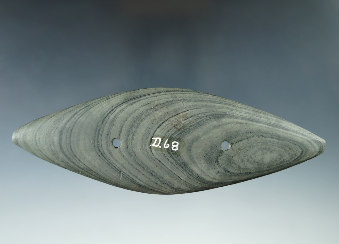5 7/8" Glacial Kame Bi-Pointed Gorget, (surface has been cleaned), found in Ohio. Ex. Dean Driskill.