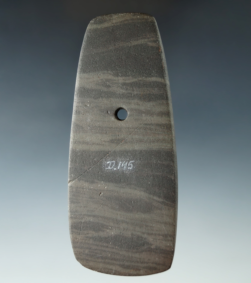 4 3/16" Hopewell Trapezoidal Pendant made from Banded Slate, found in Pickaway Co., Ohio.