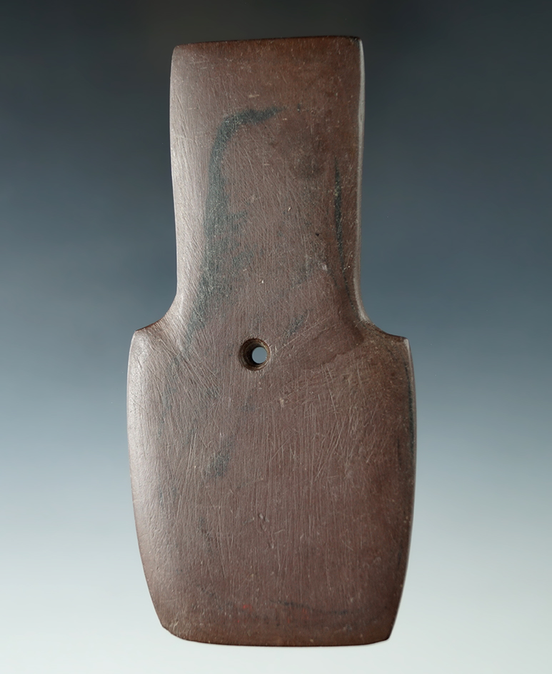 4 9/16" Hopewell Shovel Pendant made from red and black Slate, found in Erie Co., Ohio. Ex. Hirtzel.