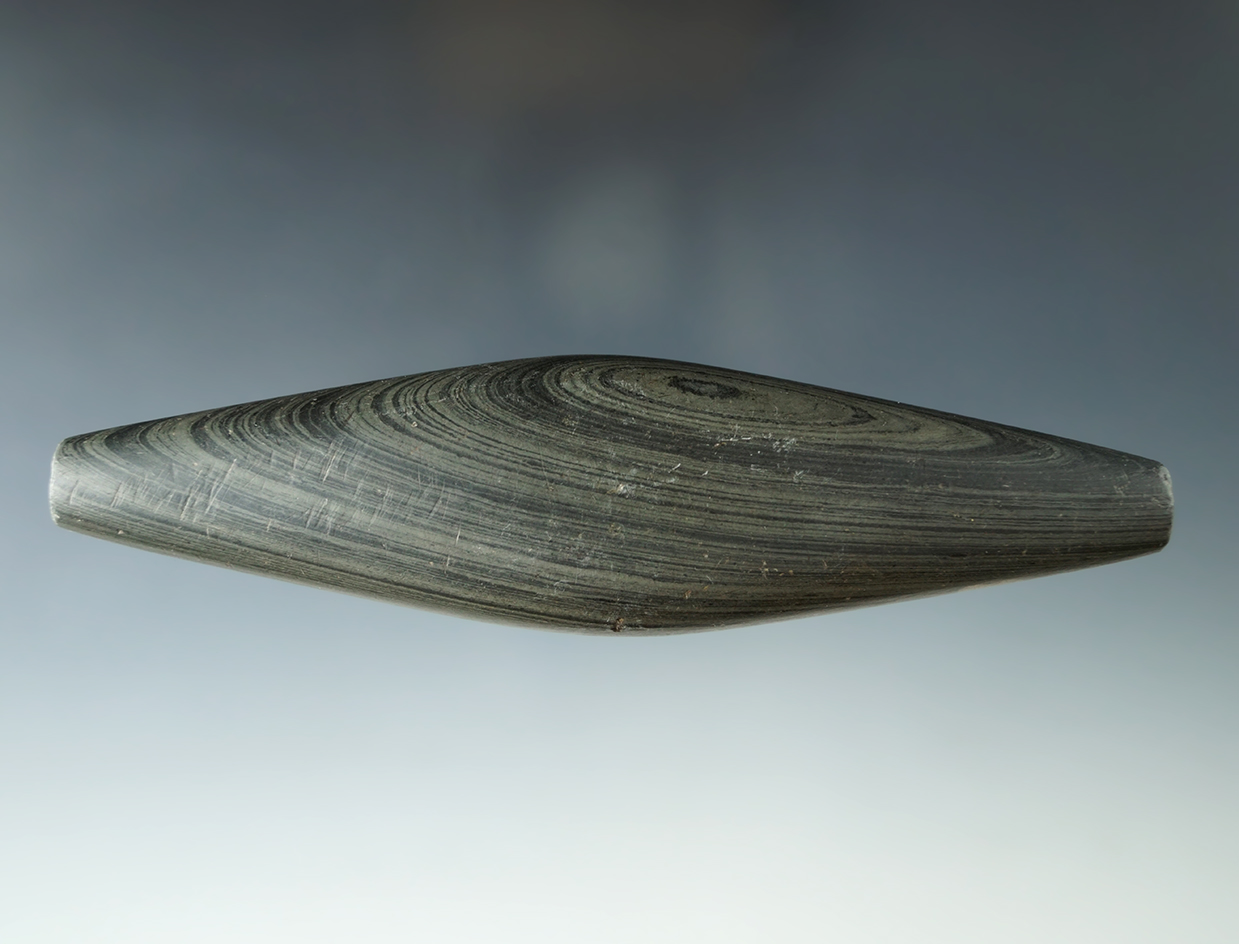 5 3/4" Undrilled Adena Expanded Center Gorget found in Marion Co., Ohio. Pictured in Who's Who.