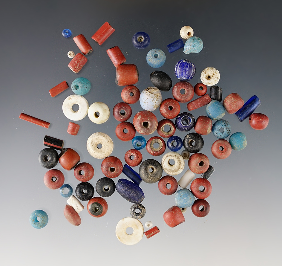 Set of 69 various Trade Beads including Barrel, Redwood & Tube types. White Springs, Geneva, NY.