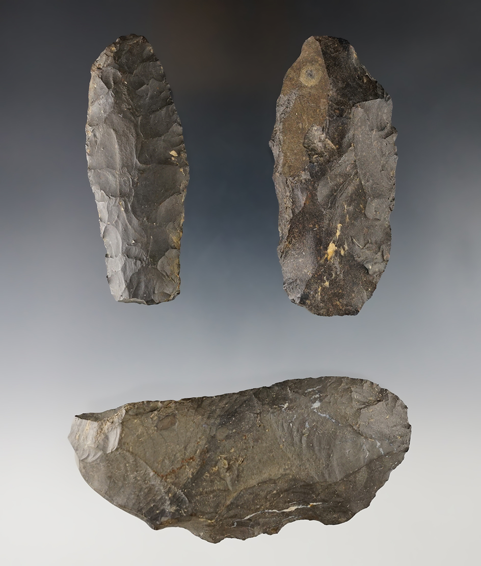 Three Upper Mercer Flint Paleo Knives, largest is 4" and unifaced. Southern Richland Co., OH.
