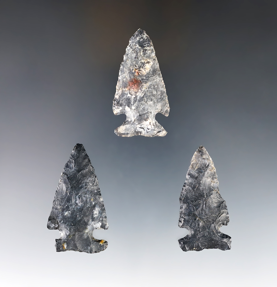 Set of three Coshocton Flint Intrusive Mound Points found in Ohio. Largest is 1 3/4".