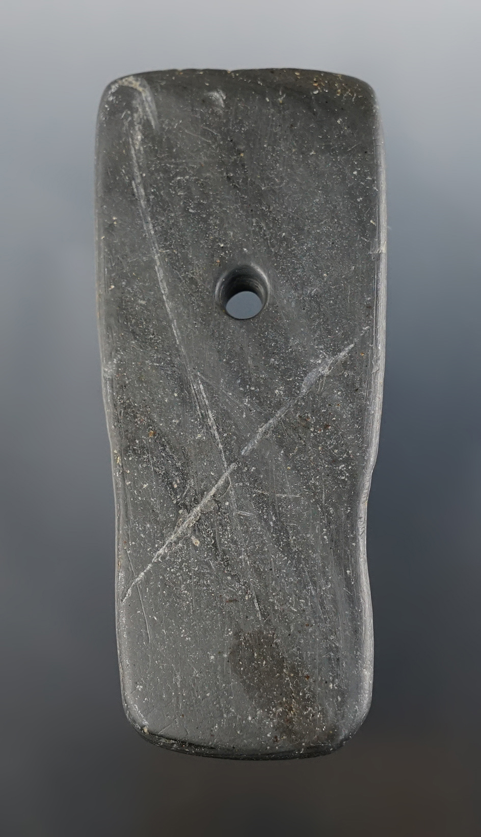 3 1/4" uniquely shaped Slate Pendant with tallies on one end - Hardin Co., Ohio. Ex. Bill Howard.