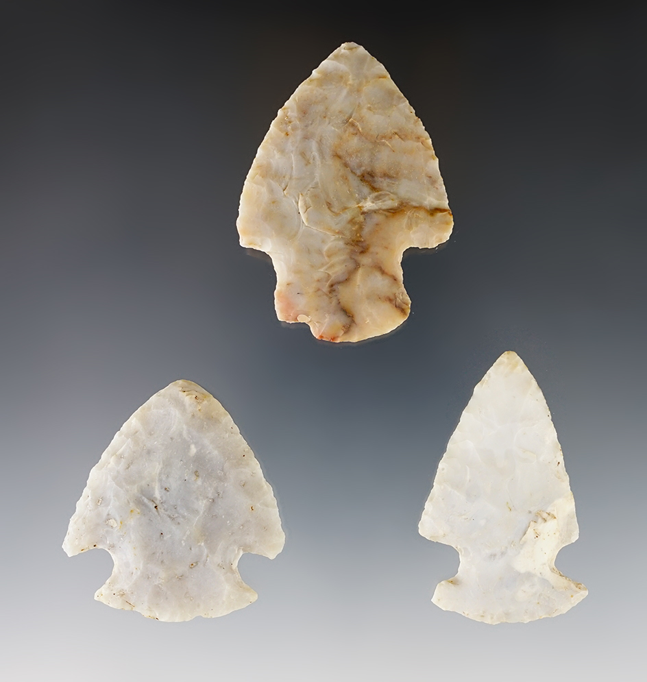 Three Flint Ridge Flint Hopewell Points found in Ohio. Largest is 2 5/16".