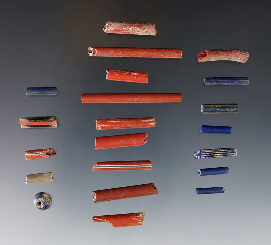 Set of 21 red & blue Straw or Tubular Beads from the mid 1600's. Geneva, New York. Largest 1 1/2".