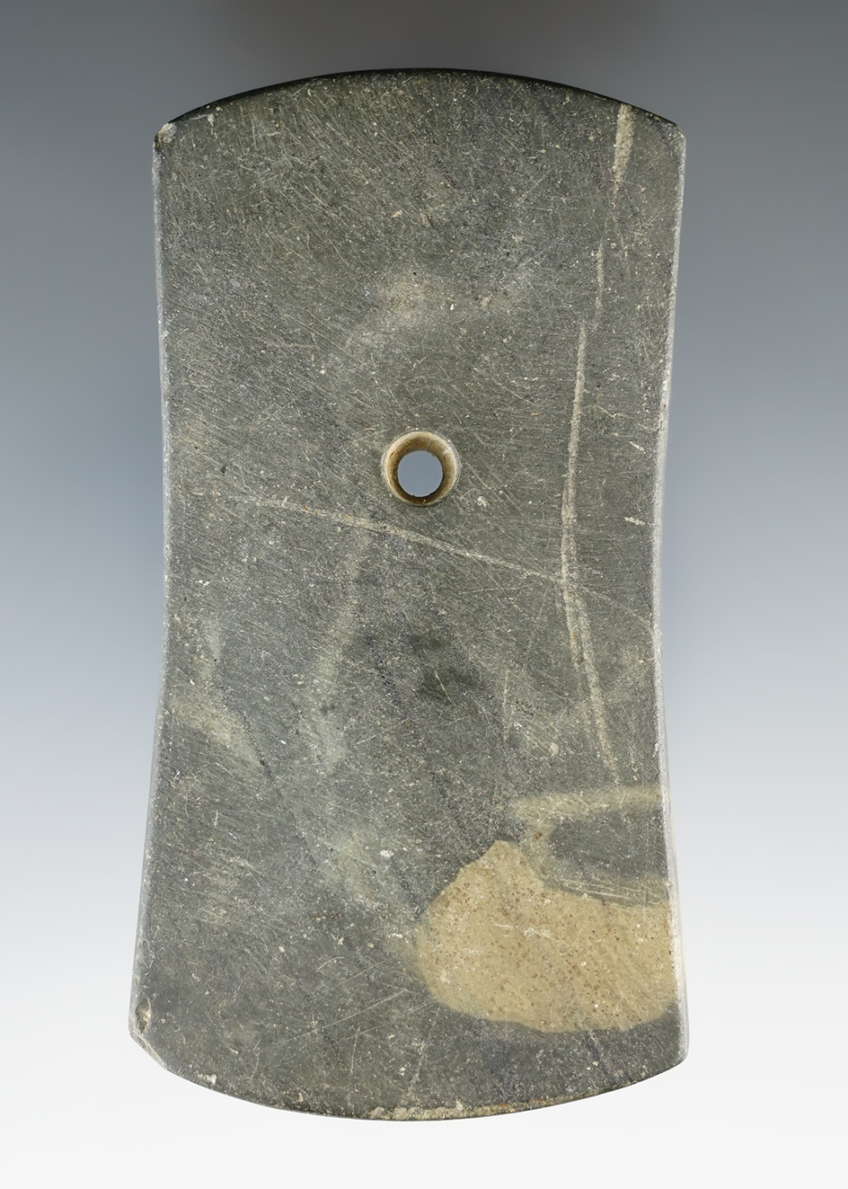 3 13/16" Adena Bell Pendant - Banded Slate. Found in Hancock Co., Ohio. Ex. Jack Johns.