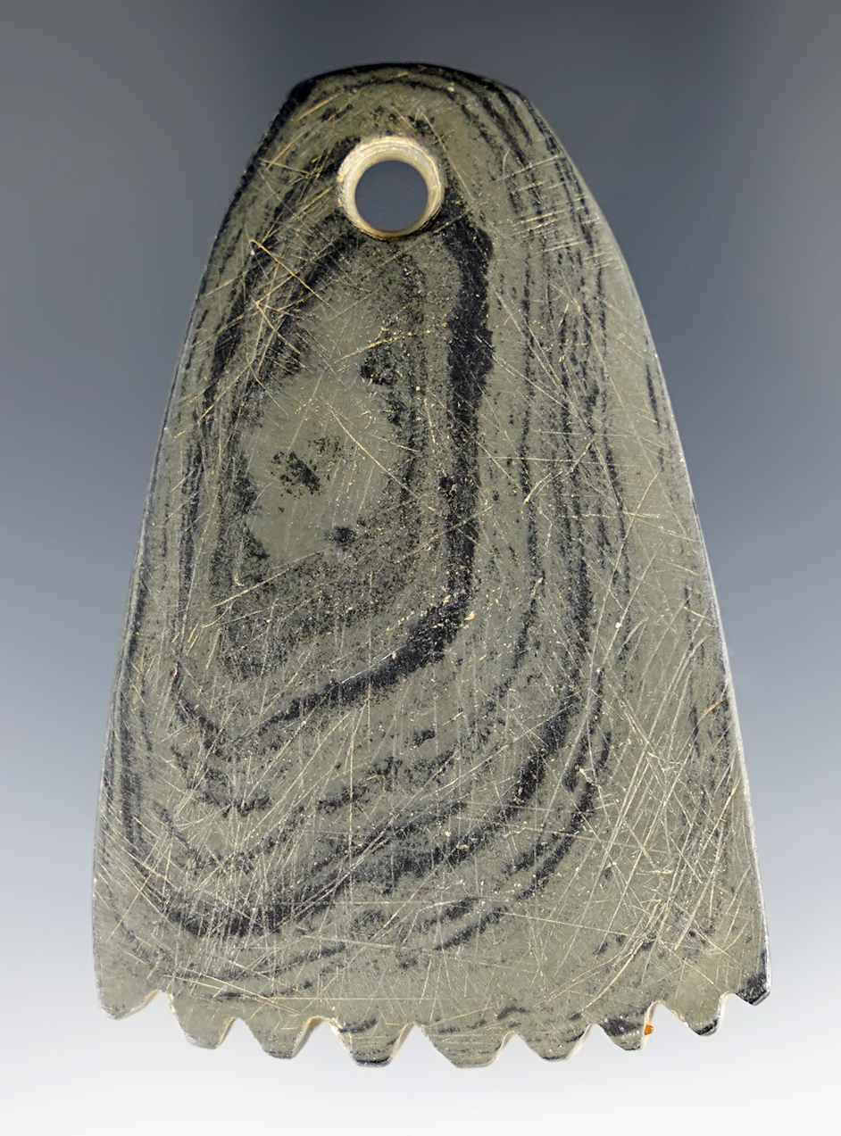 Miniature 2 5/16" Mississippian Fringed Pendant found in Mercer Co., Ohio. Ex. Bill Tiell.
