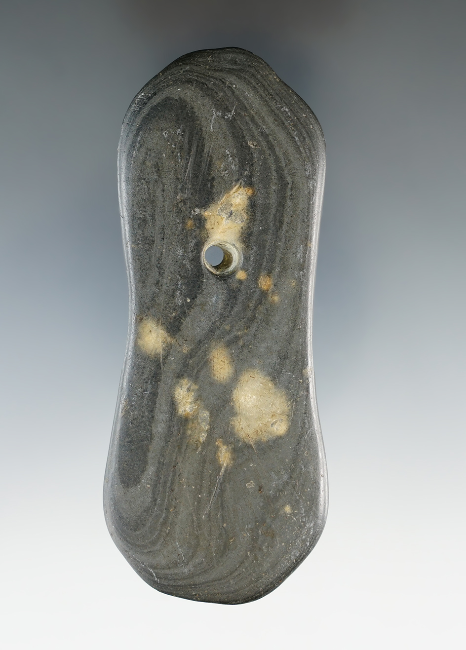 3 15/16" Pendant made from Banded Slate, found in Ohio. Ex. Coleburn Collection.
