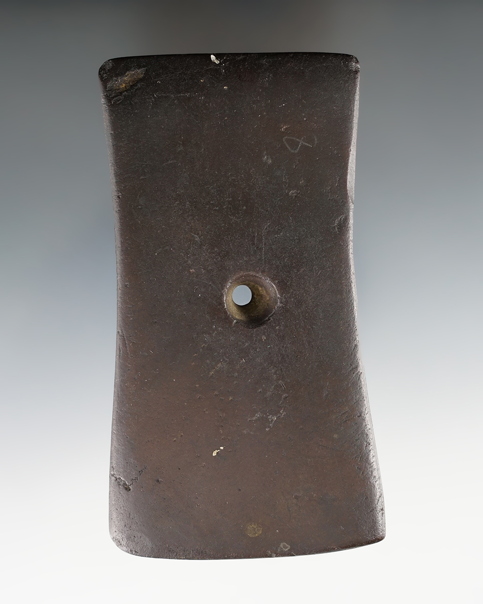 4 1/4" Adena Bi-Concave Pendant made from red and black Slate. Found in Miami Co., Ohio.