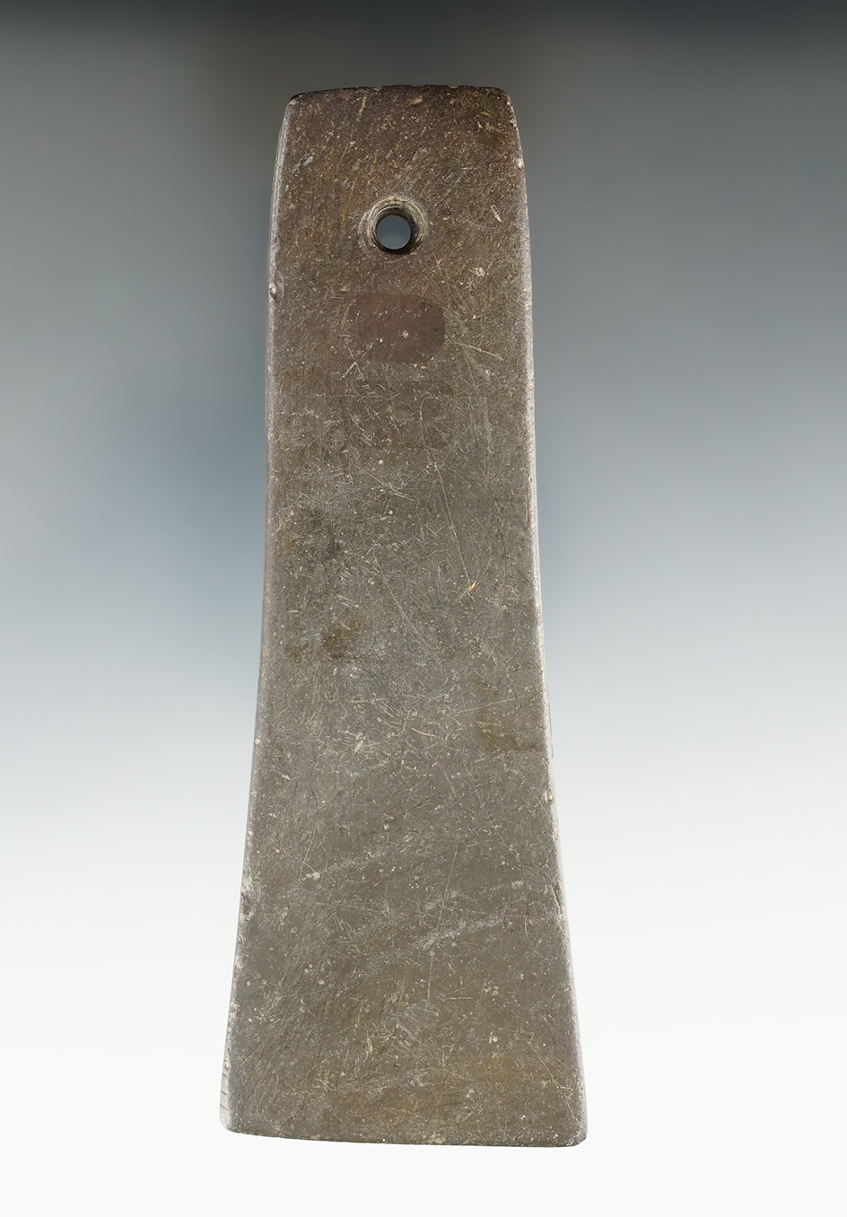 5" Adena Bell Pendant made from brown and black Banded Slate. Found in Wood Co., Ohio.