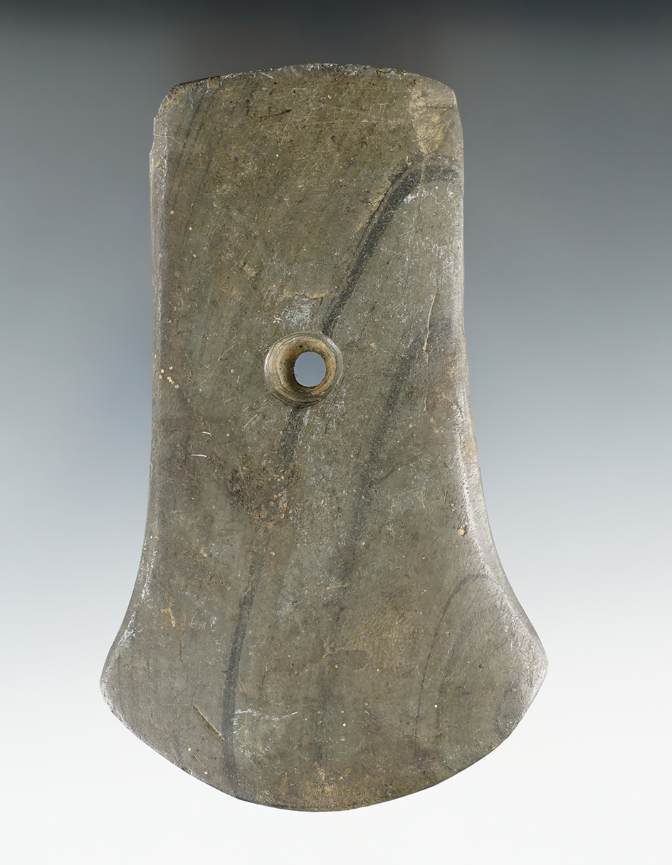 4 9/16" Adena Anchor Pendant made from green and black Banded Slate. Found in Erie Co., Ohio.