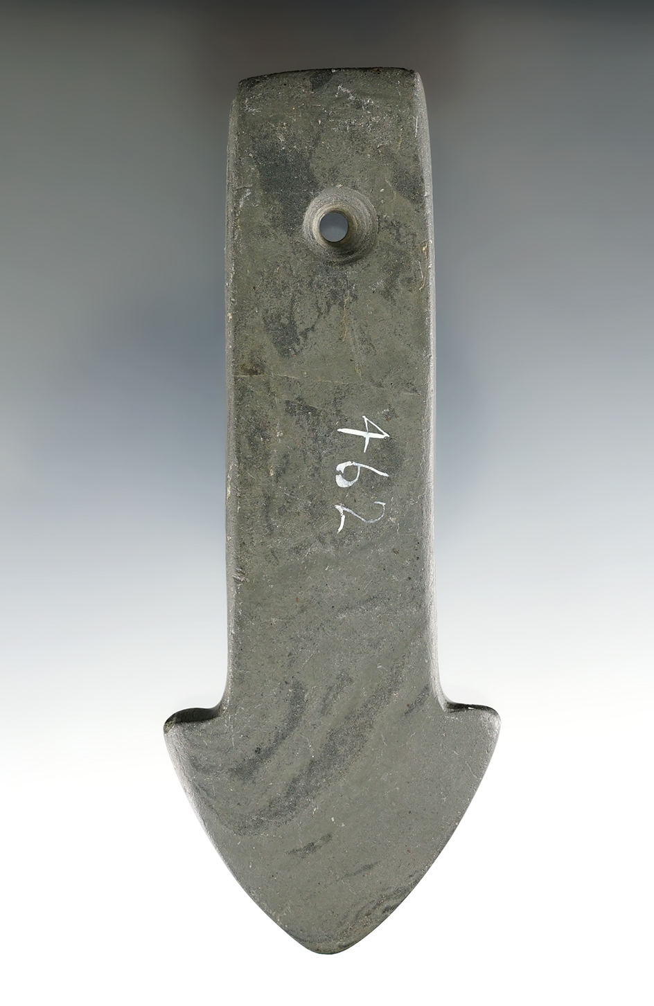 5 1/8" Adena Anchor Pendant made from green and black Banded Slate. Found in Erie Co., Ohio.