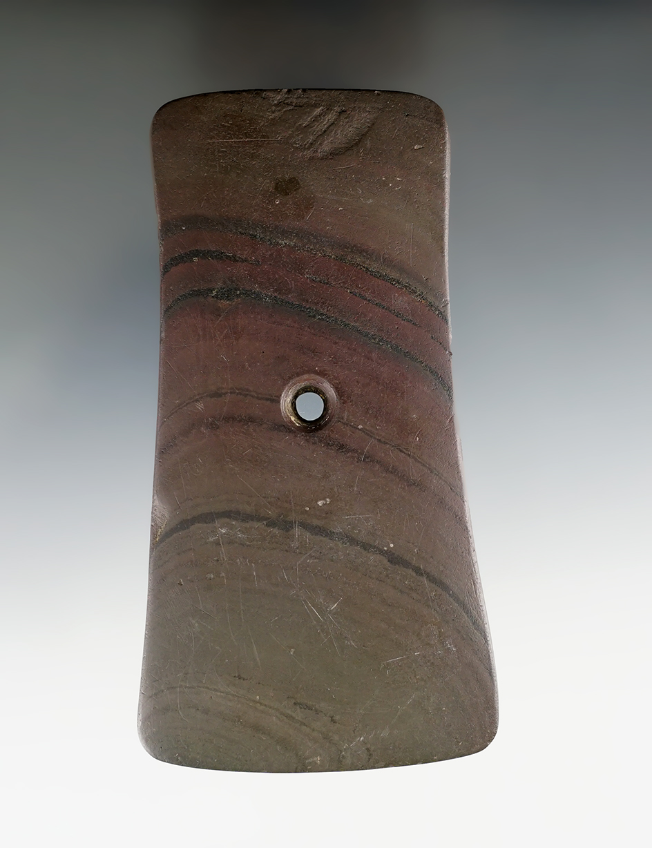 4 5/8" Adena Bell Pendant made from red and black Banded Slate. Ex. Robert Whiehead Collection.