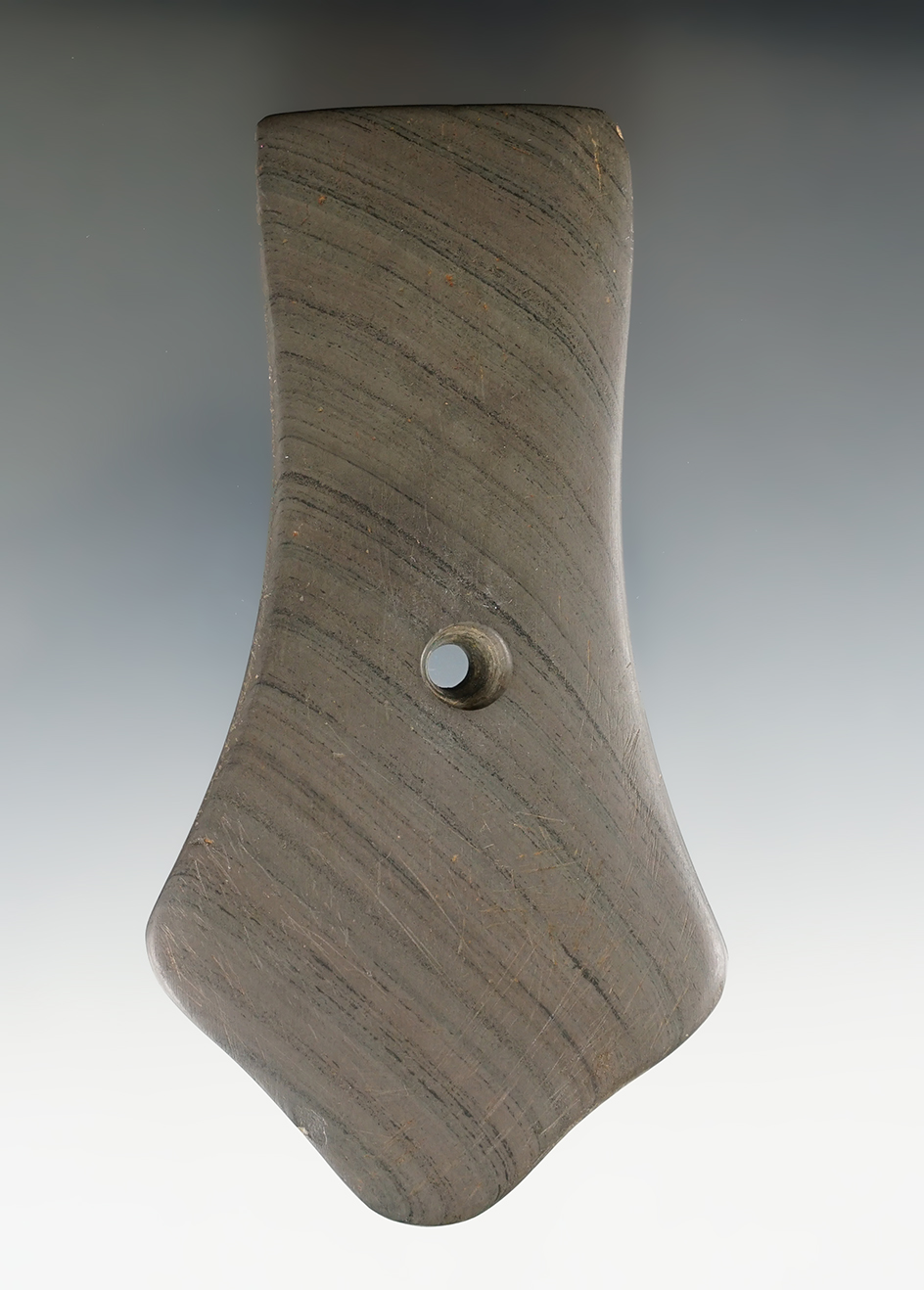 4 7/8" Hopewell Pentagonal Pendant made from green and black Banded Slate. Ex. Elmer Grimm.