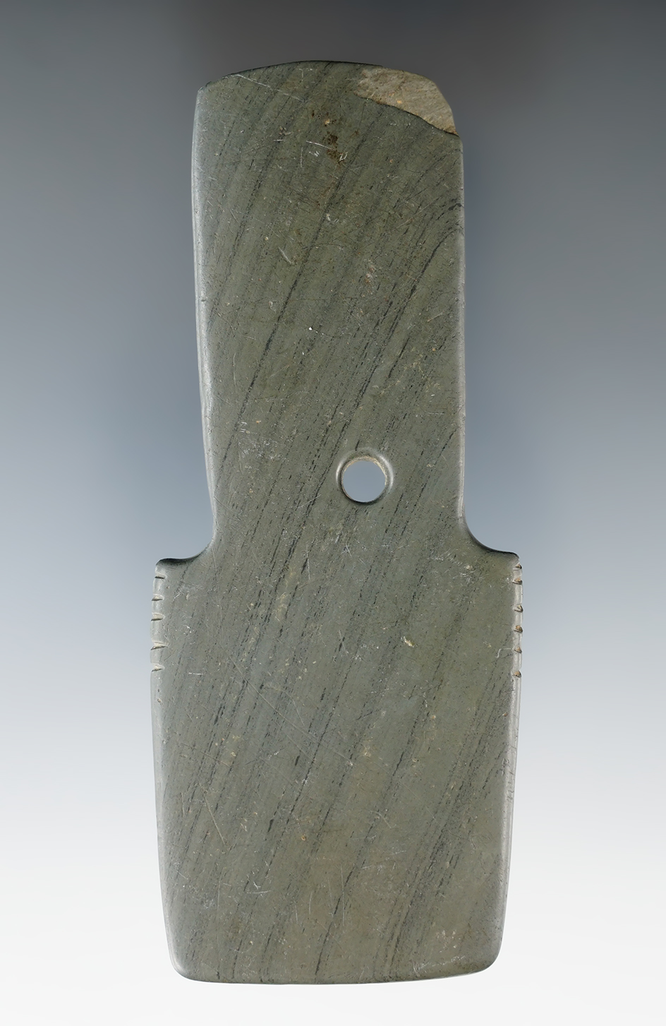 4 1/8" Hopewell Shovel Pendant with tallies on two sidesfound in Delaware Co., Ohio. Pictured!