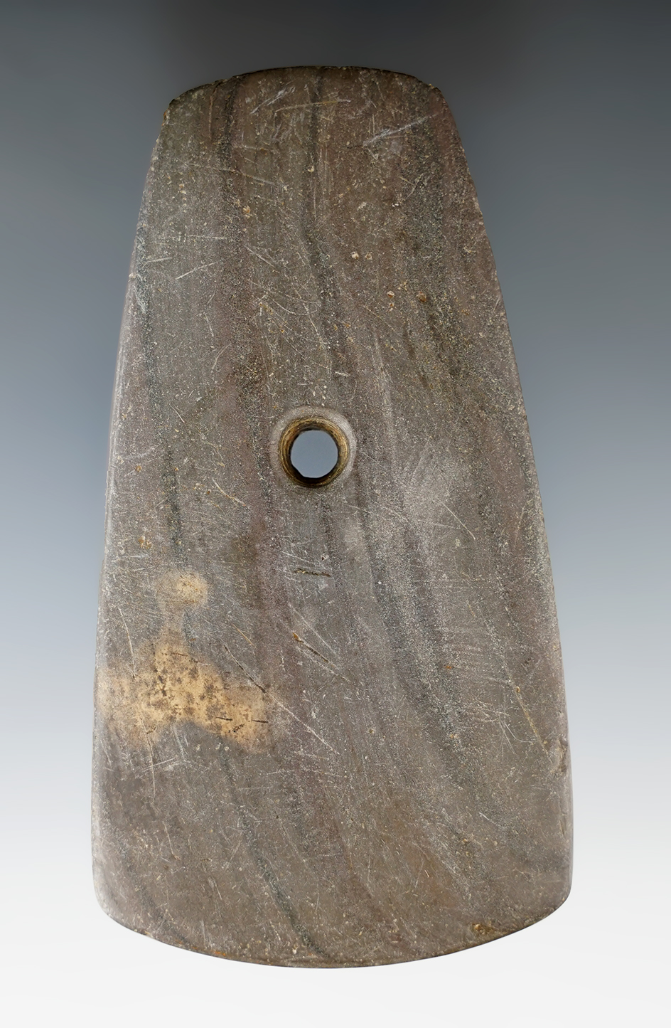 4 1/8" Adena Trapezoidal Pendant made from green Banded Slate, found in Ohio.