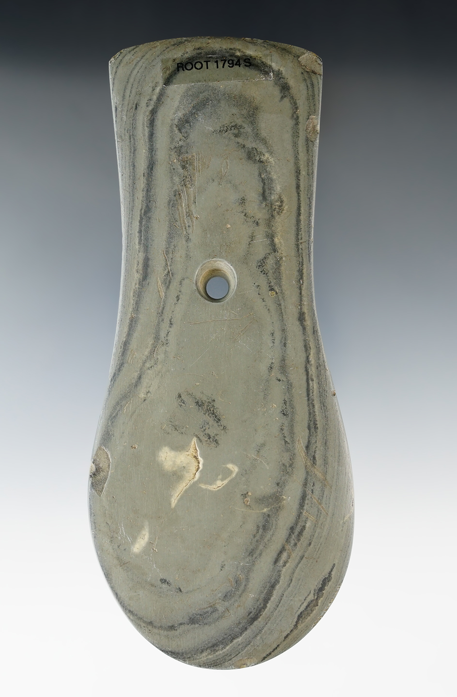 5 5/8" Adena Keyhole Pendant made from green and black Banded Slate. Found in Miami Co., OH.