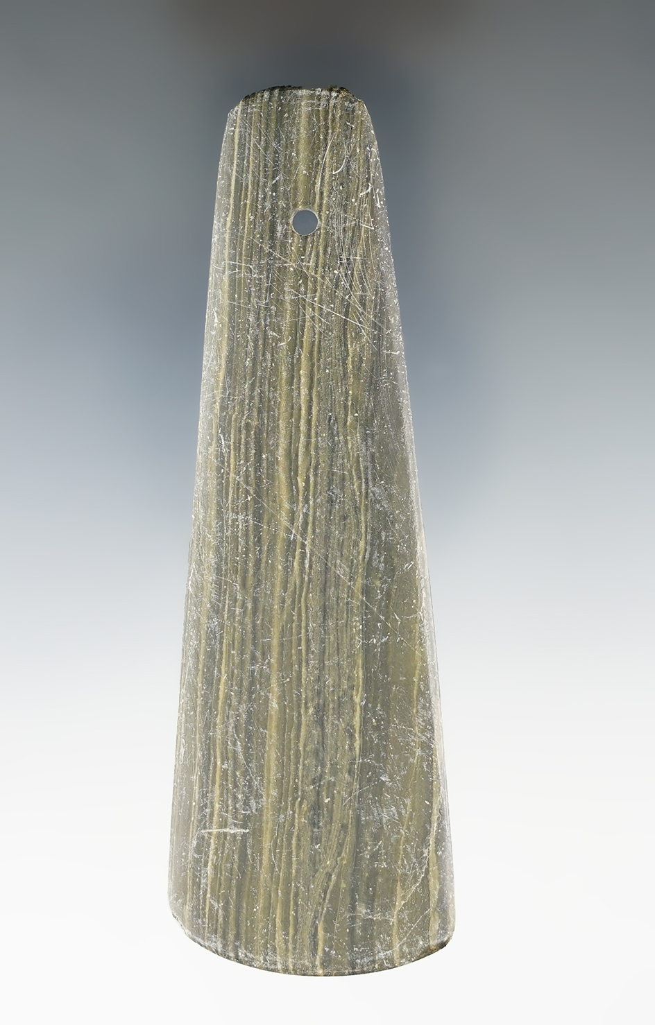 4 5/8" Hopewell Trapezoidal Pendant made from Banded Slate. Norwalk, Huron Co., Ohio.