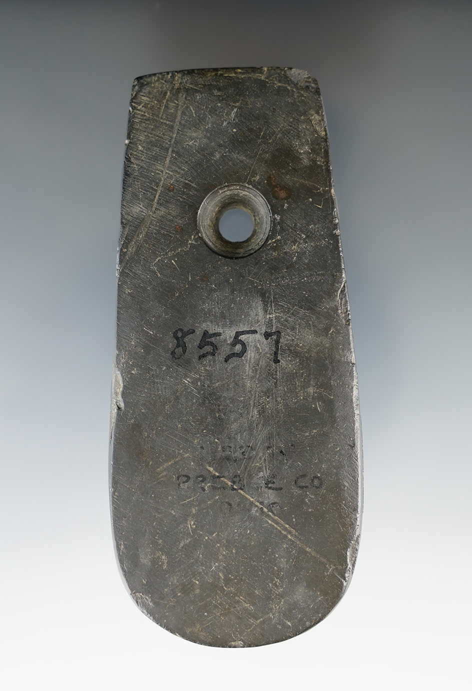 4" Adena Keyhole Pendant made from Slate. Found in Preble Co., Ohio. Ex. August Wehrle.