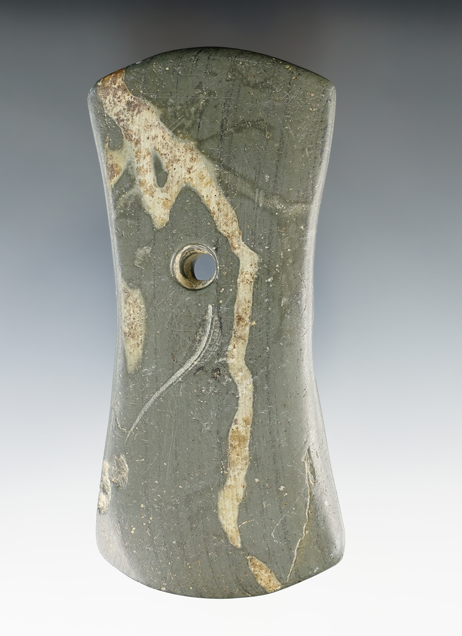 4 9/16" Adena Bi-Concave Pendant found in Wyandot Co., Ohio. Ex. Mel Wilkins (#476 PENWYC).