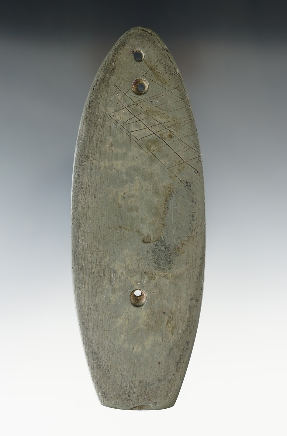 5 5/8" Glacial Kame Coffin Three Hole Gorget that is engraved found in Holmes Co., Ohio. Pictured!