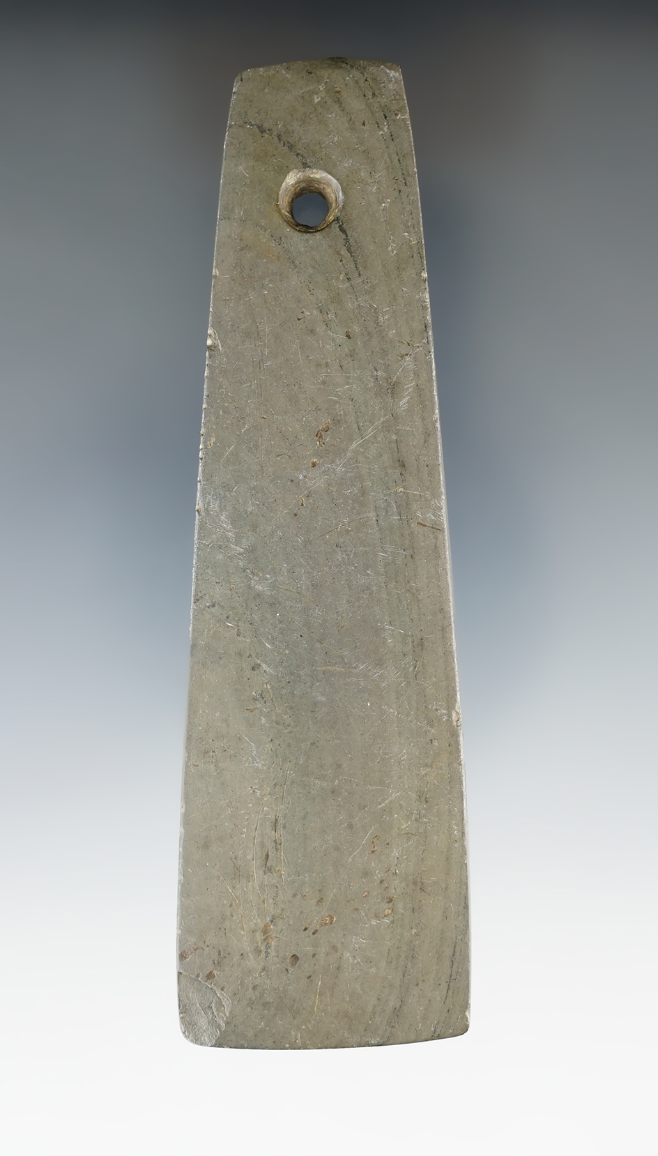 4 1/2" Adena Trapezoidal Pendant found near Berlin Heights, Berlin Twp., Erie Co., Ohio.