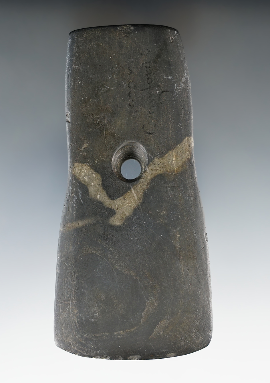 4 9/16" Adena Bell Pendant found in Crawford Co., Ohio. Pictured in Who's Who #7 & 10.  COA.