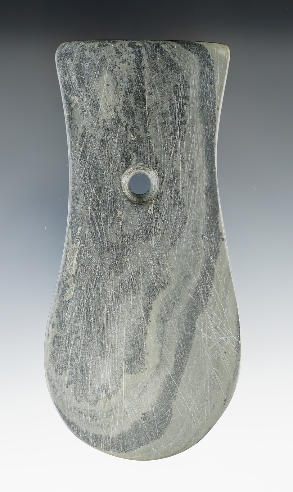 4 15/16" Adena Keyhole Pendant made from green and black Banded Slate. Found in Ohio.