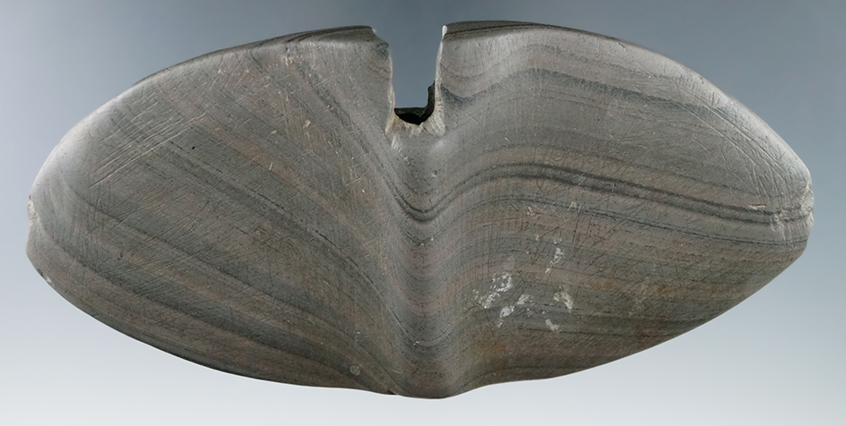 5 5/8" Archaic Single Notch Butterfly Bannerstone made from Banded Slate, found in Pickaway Co., Ohi