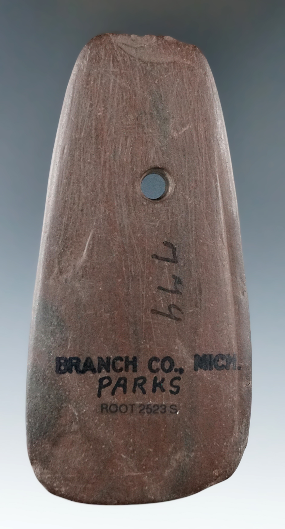 4 1/16" Woodland Trapezoidal Pendant found in Branch Co., Michigan. Ex. Boudeman, Cameron Parks.