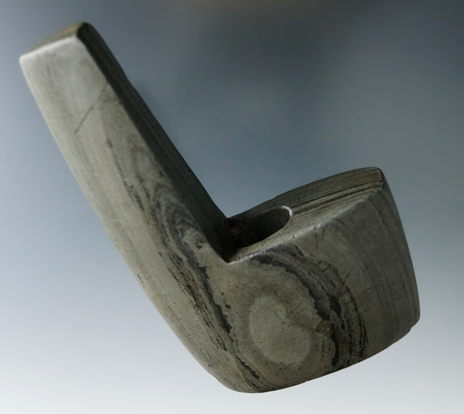 3 15/16" Archaic Geniculate made from Banded Slate, found in Clinton Co., Ohio. Pictured!