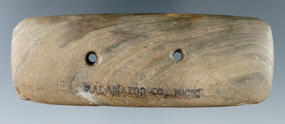 4 5/8" Glacial Kame Bar Gorget found in Kalamazoo Co., Michigan. Bennett COA.