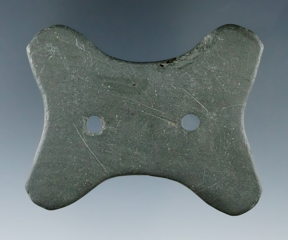 2 3/4" Hopewell Reel Gorget made from green Slate, found in Johnson Co., Indiana.