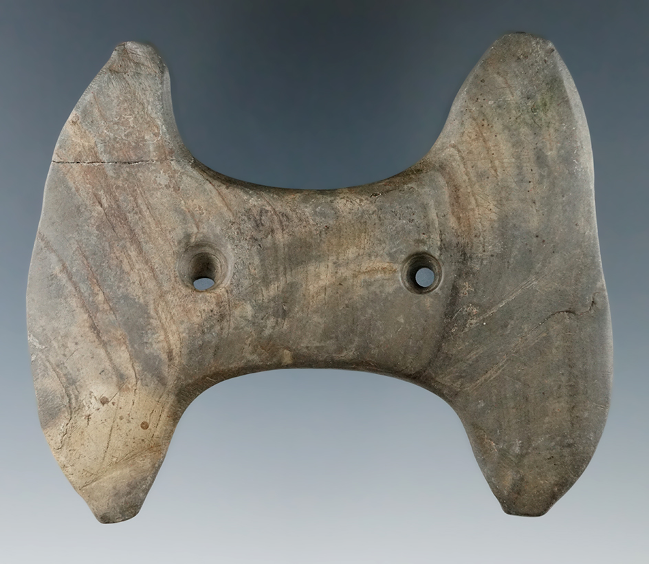 3 7/8" Glacial Kame Constricted Center Gorget found in Hillsdale Co., Michigan. One corner glued bac