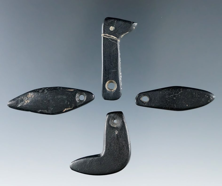 Set of 4 Miniature Mississippian Pendants made from black Cannel Coal. largest is 1 11/16".