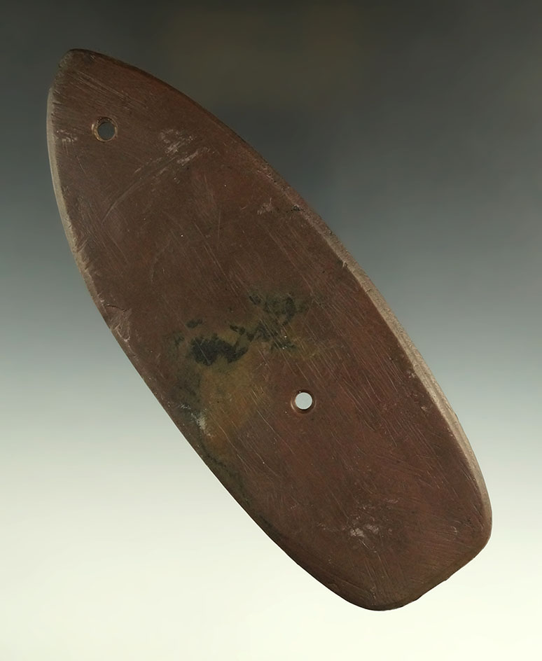 5 13/16" Glacial Kame Coffin Gorget, Paulding Co., Ohio. Ex. A. DeVaux, Dr. Gordon Meuser. COA's.