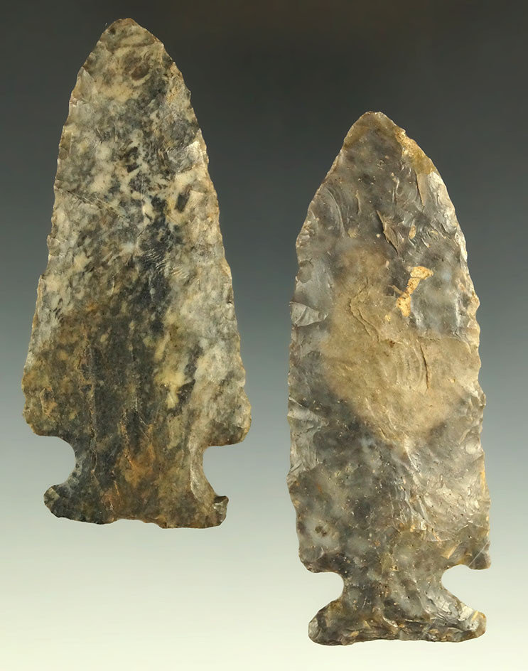 Pair of Archaic Cornernotch Points made from Coshocton Flint, found in Ohio. Largest is 3 3/8".