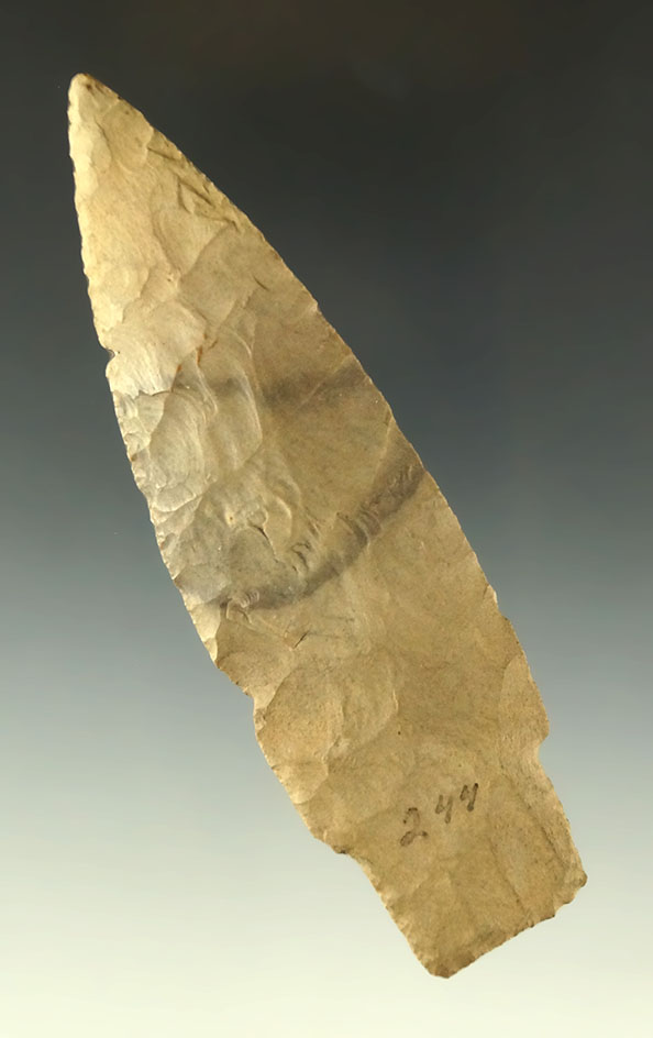 4 1/8" Paleo Stemmed Lanceolate found in Ohio. Ex. Mel Wilkins Collection. Pictured!