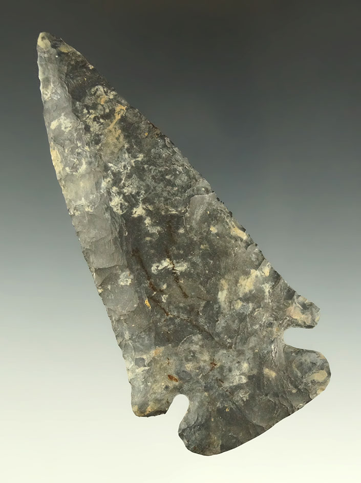 4 1/8" Coshocton Flint Wide Base Dovetail, minor restoration to the tip and one barb.