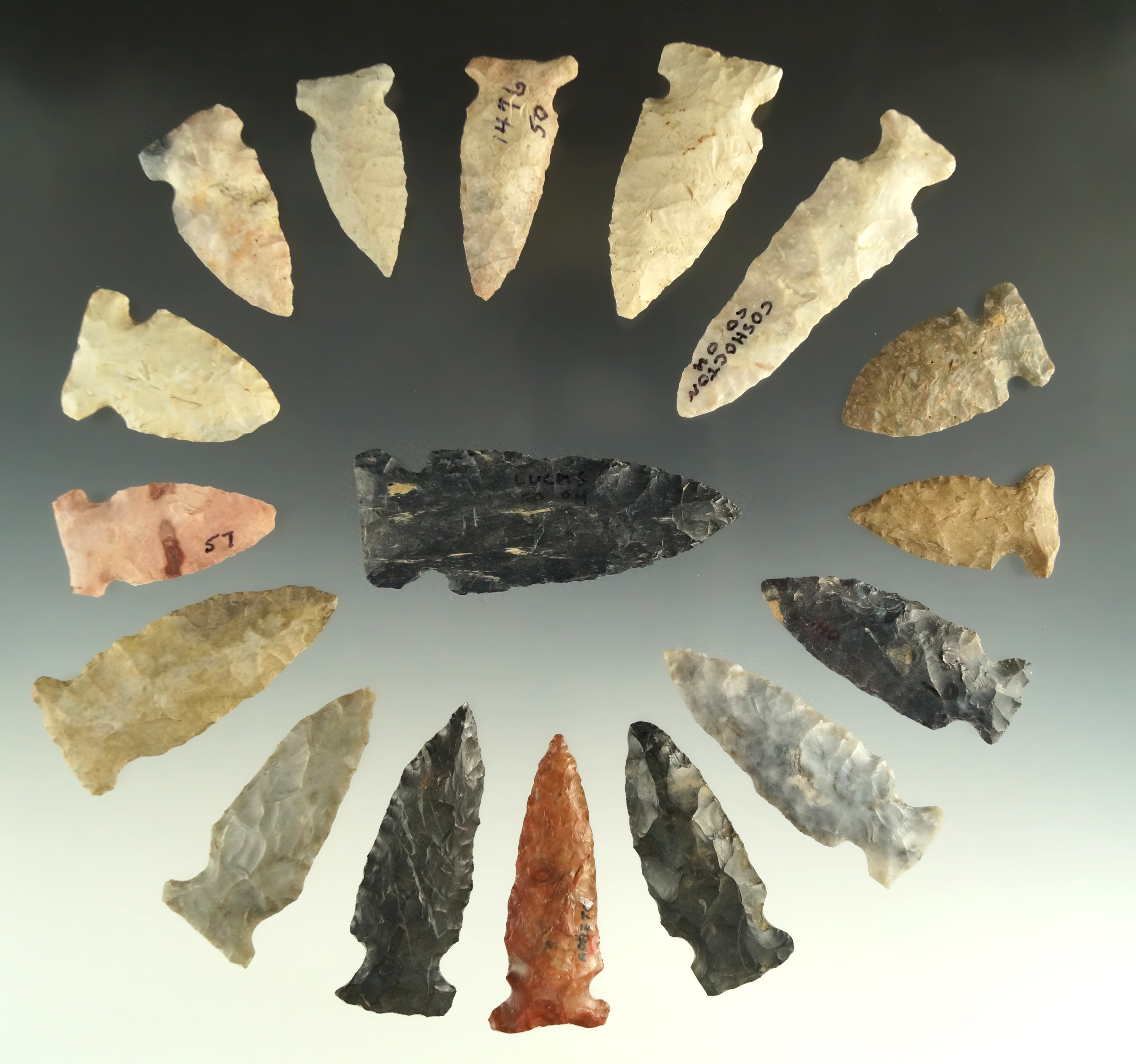Very nice set of Archaic Arrowheads found in Ohio, largest is 2 5/8".