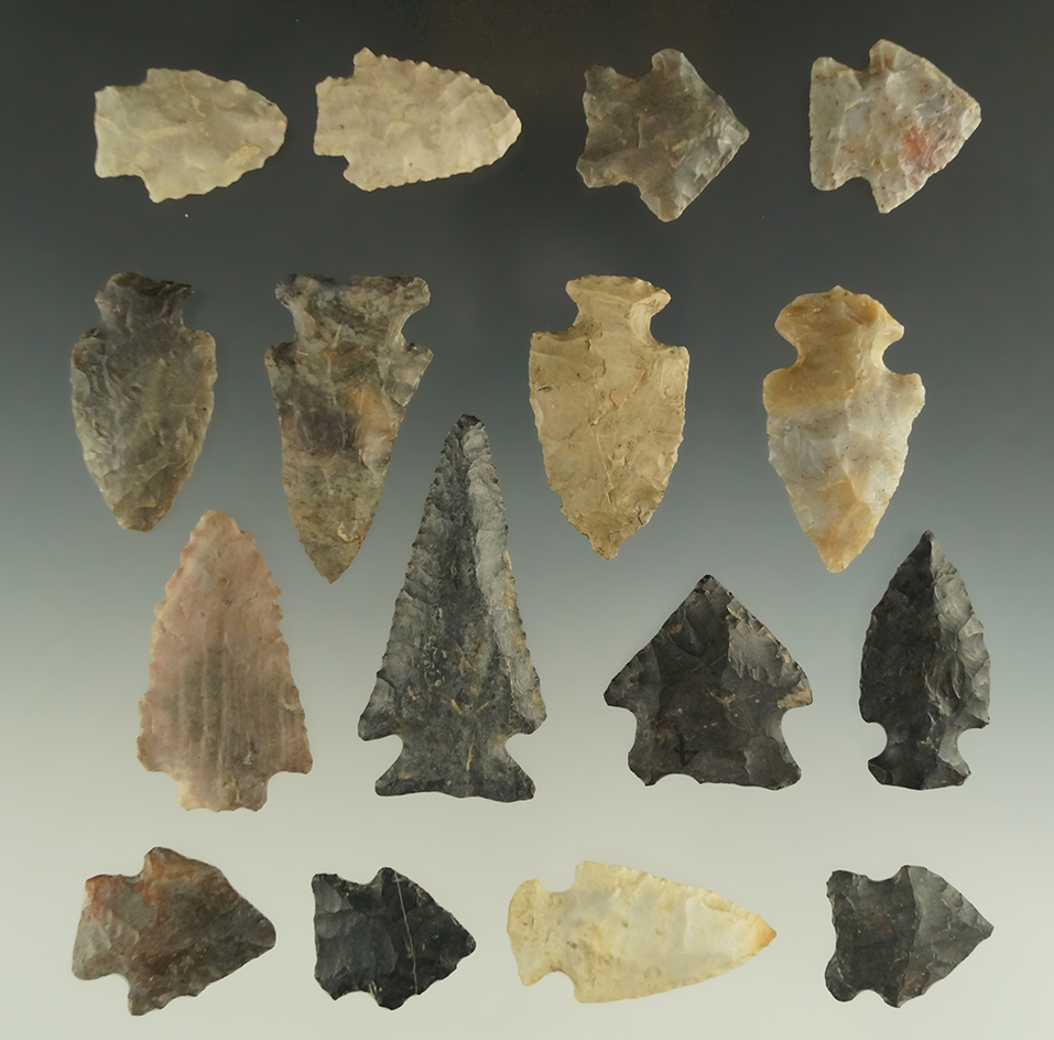 Set of 16 Assorted Archaic Period Ohio Arrowheads, largest is 2 1/4".