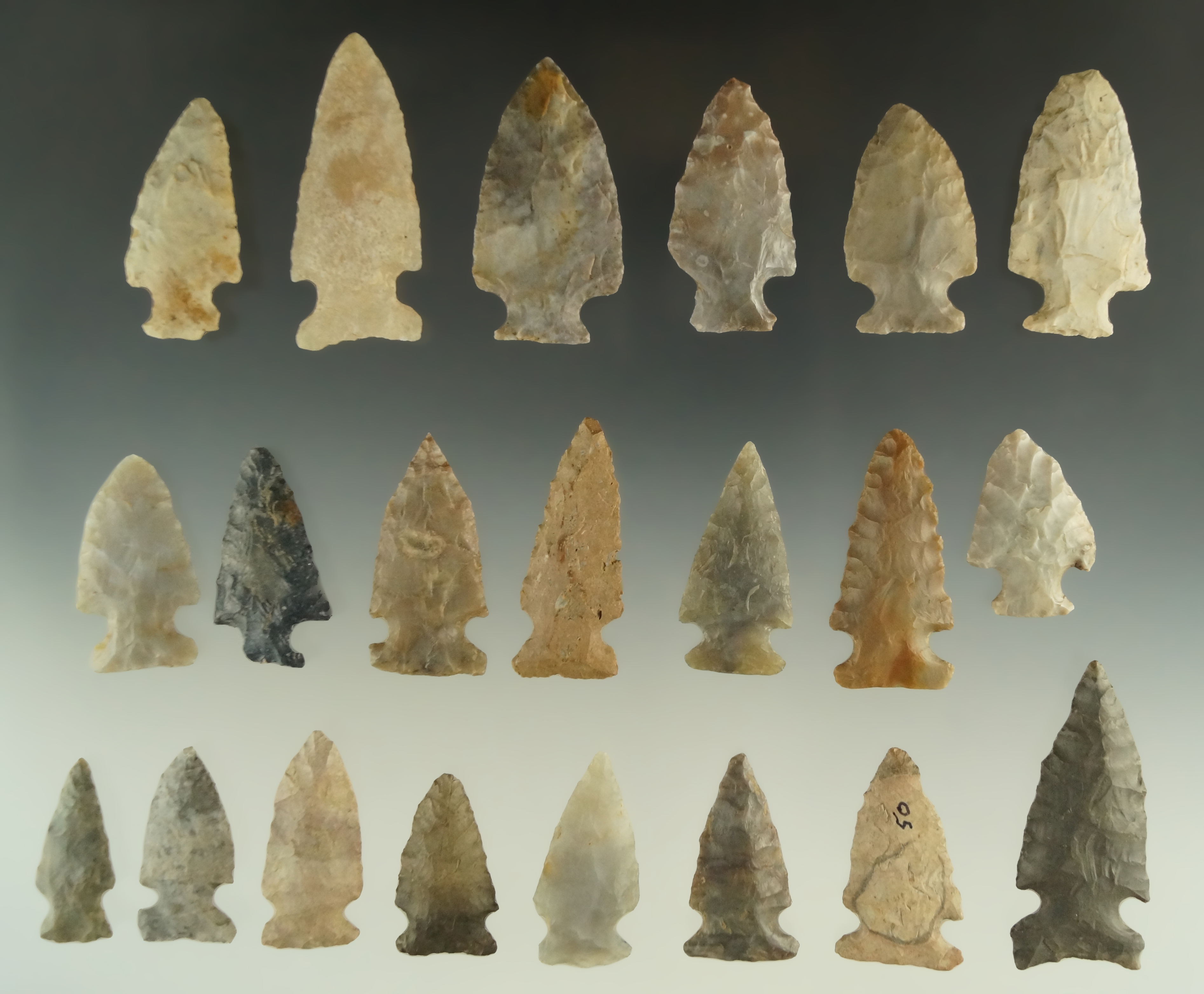 Group of 21 Assorted Archaic Period Arrowheads, found in Indiana and Ohio, largest is 2 3/16".