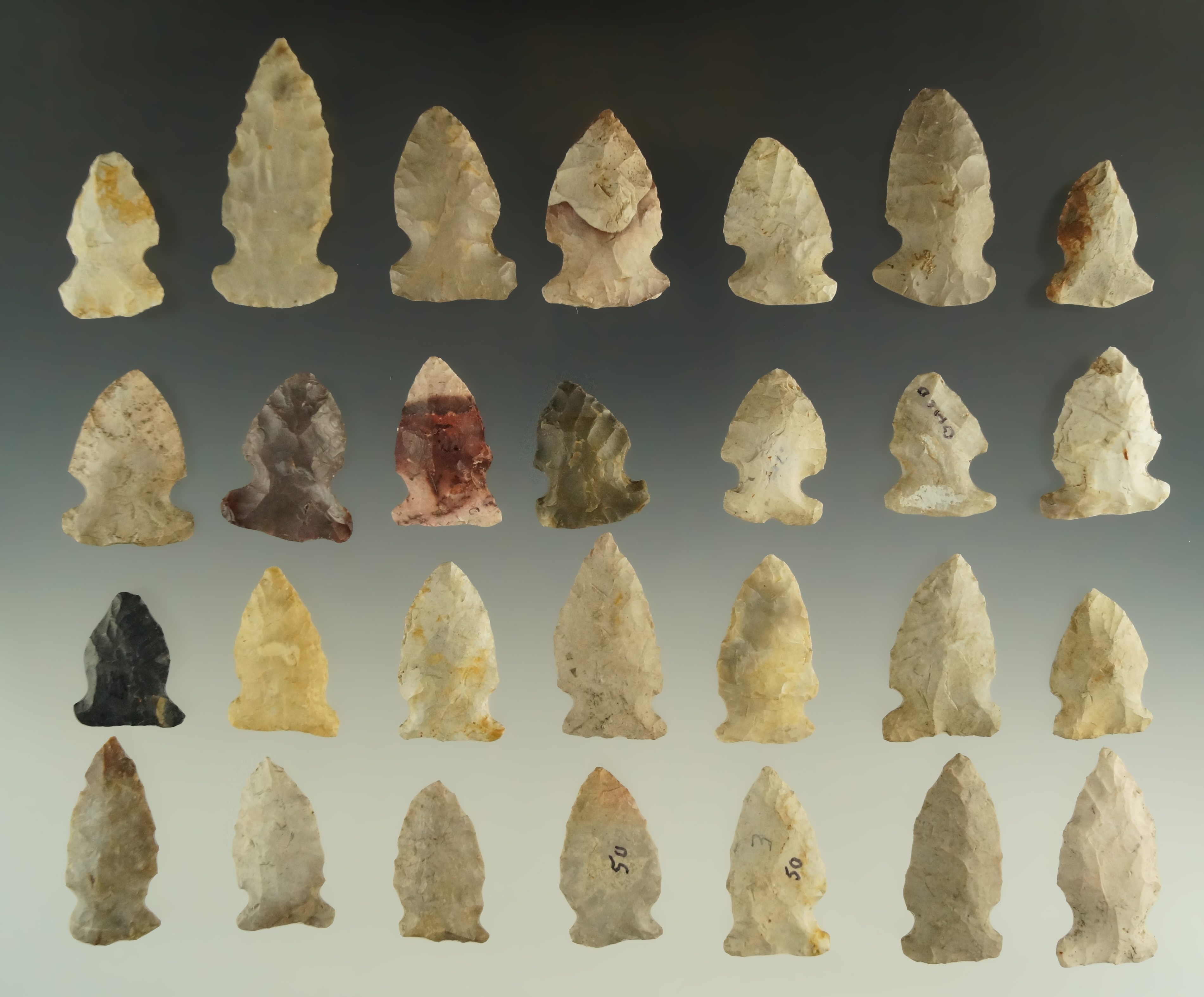 Group of 28 Archaic Period Sidenotch Arrowheads, largest is 1 15/16".