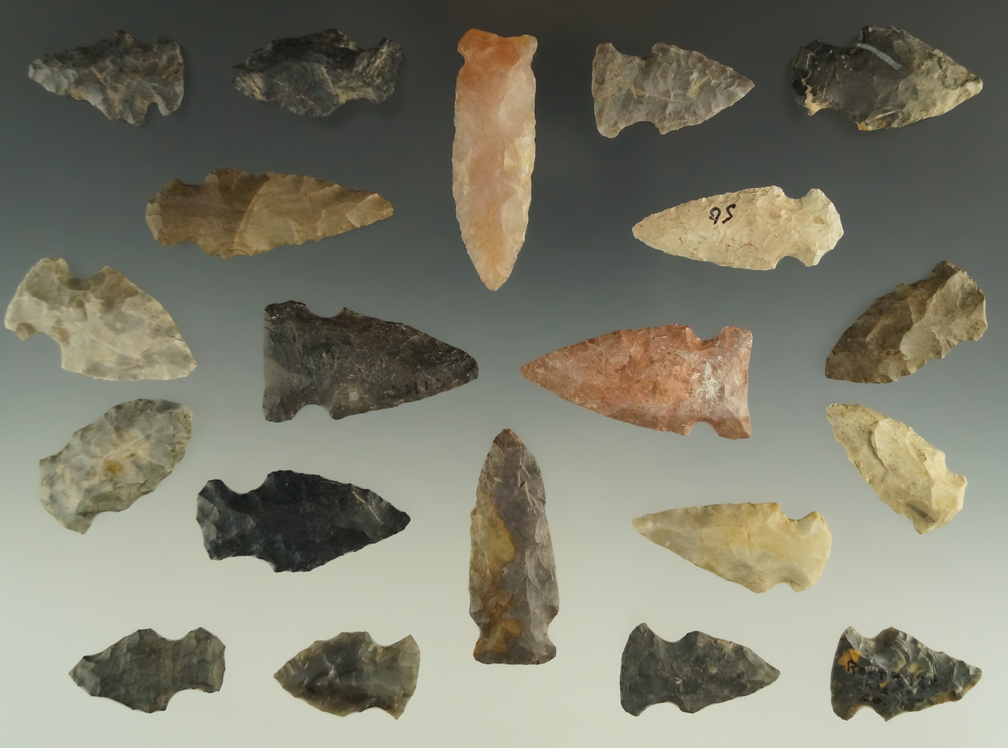 Group of 20 Assorted Arrowheads including two Fishspears, largest is 1 15/16".