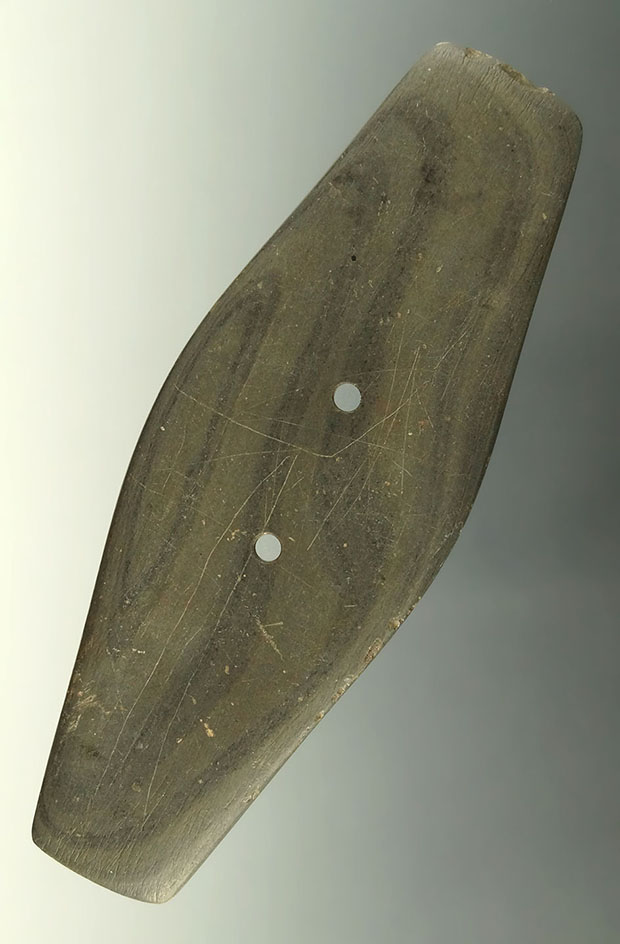 4 3/4" Scooped Hopewell Expanded Center Gorget found in Knox Co., Ohio. Ex. Kientz, Hooks.