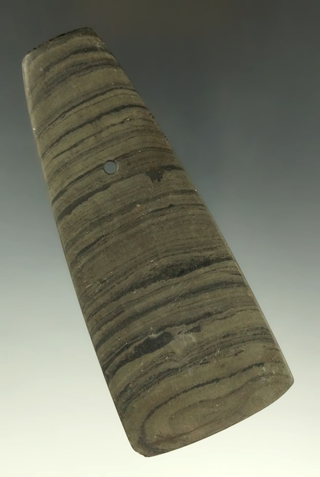 Very thin 4 3/4" Intrusive Mound Trapezoidal Pendant with fringed top, Ex. Steve Fuller Collection.